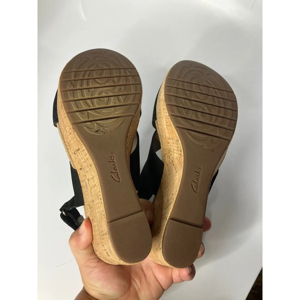 Clarks Artisan Wedge Sandals Womens 8 Black Good Cork Platform Slingback Nubuck